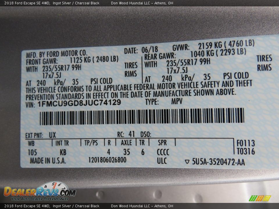 2018 Ford Escape SE 4WD Ingot Silver / Charcoal Black Photo #31