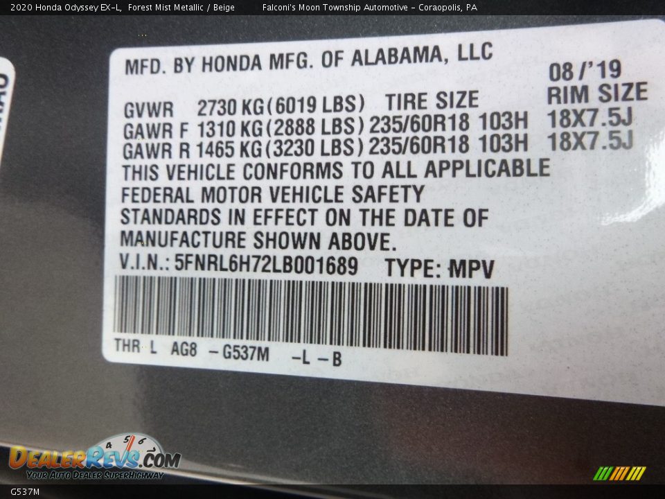 Honda Color Code G537M Forest Mist Metallic