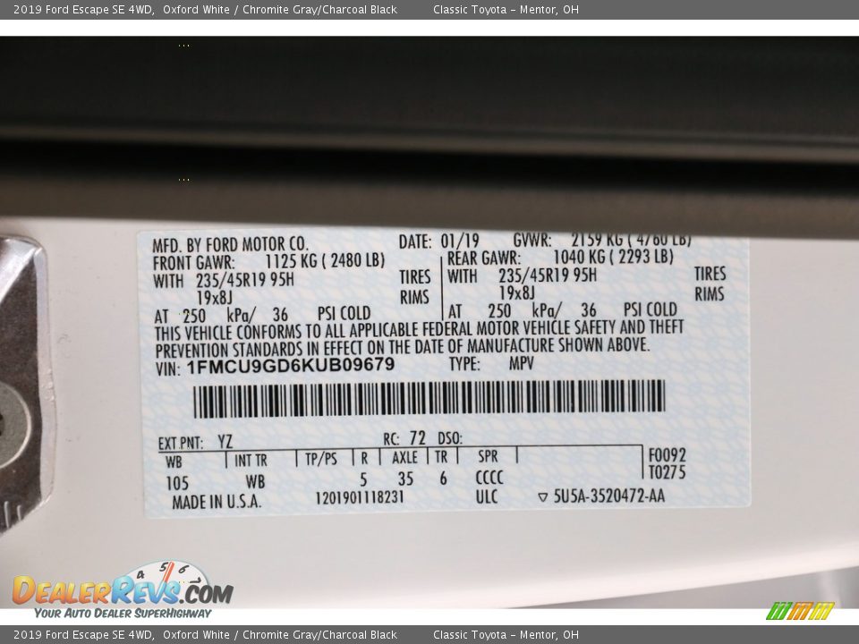2019 Ford Escape SE 4WD Oxford White / Chromite Gray/Charcoal Black Photo #22