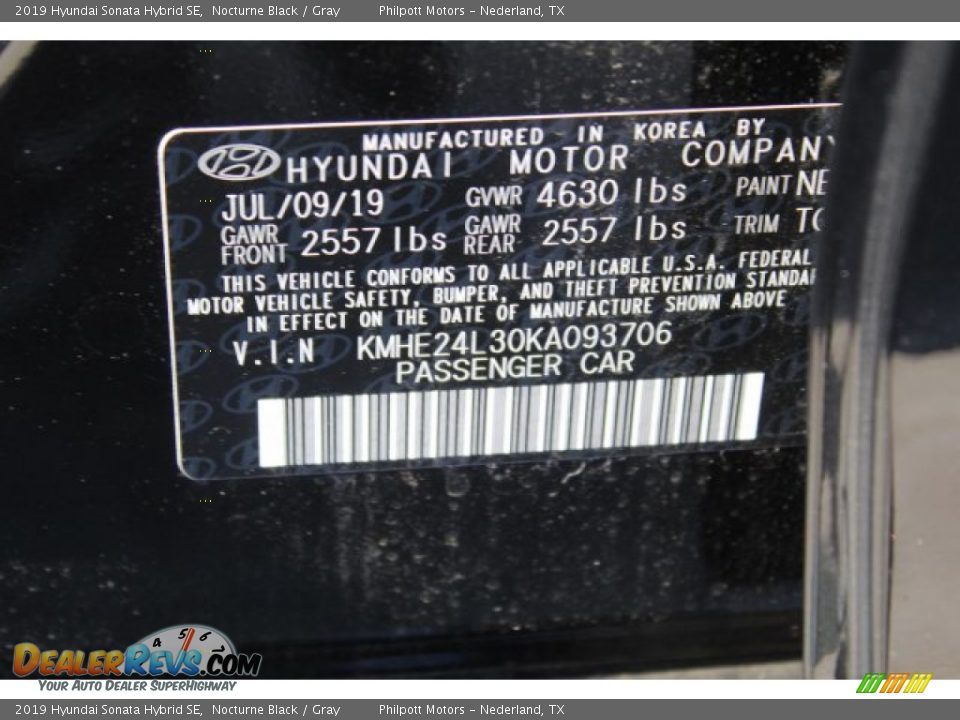 2019 Hyundai Sonata Hybrid SE Nocturne Black / Gray Photo #25