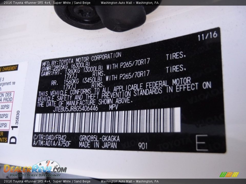 2016 Toyota 4Runner SR5 4x4 Super White / Sand Beige Photo #28