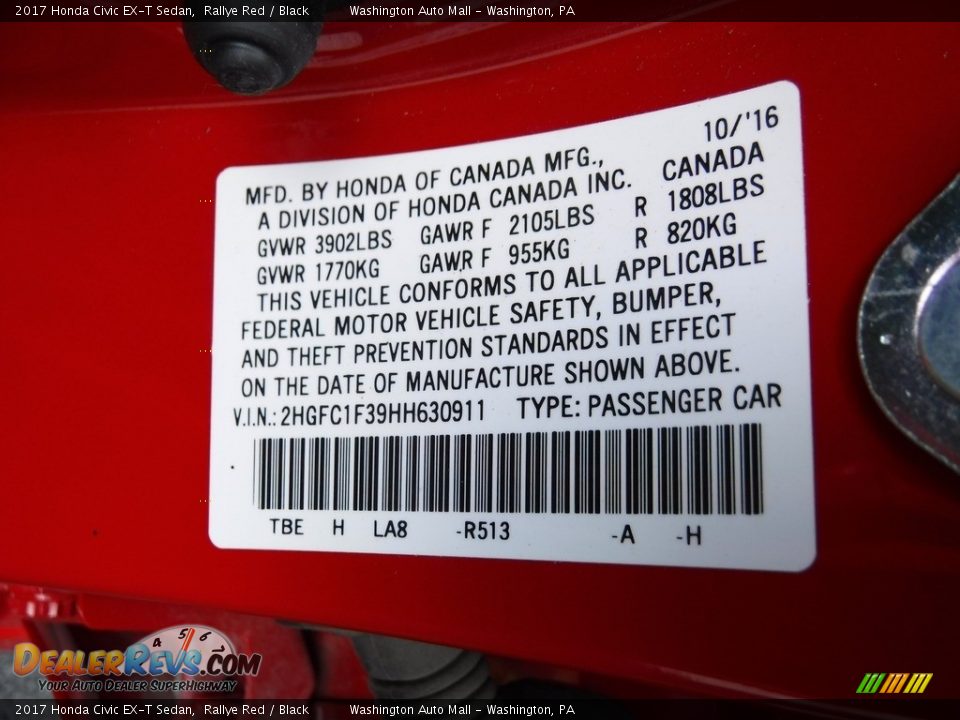 2017 Honda Civic EX-T Sedan Rallye Red / Black Photo #24