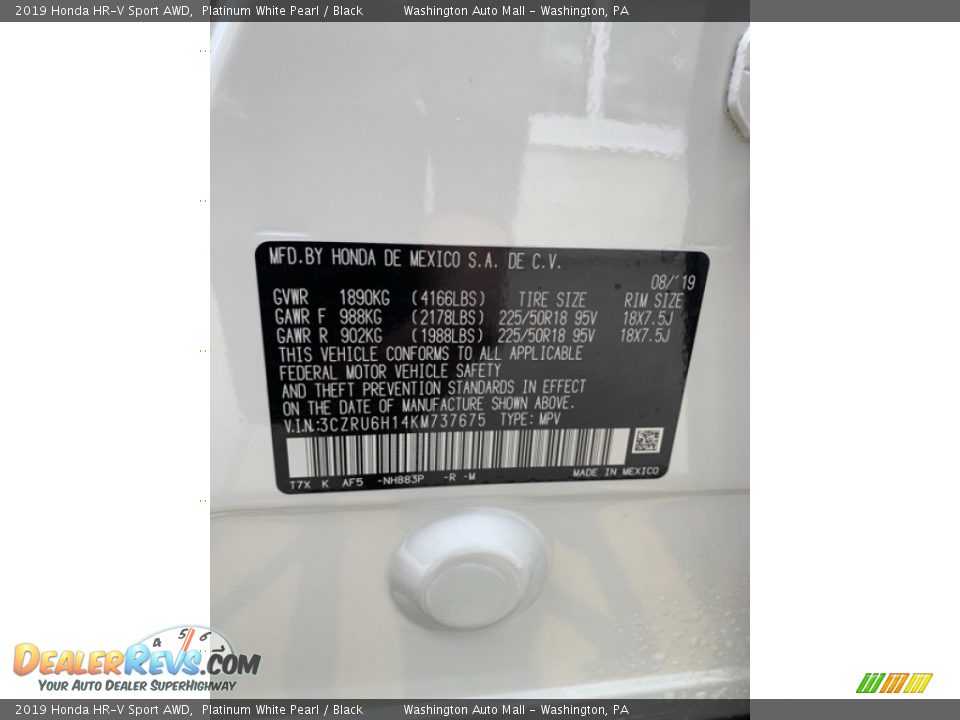 2019 Honda HR-V Sport AWD Platinum White Pearl / Black Photo #9