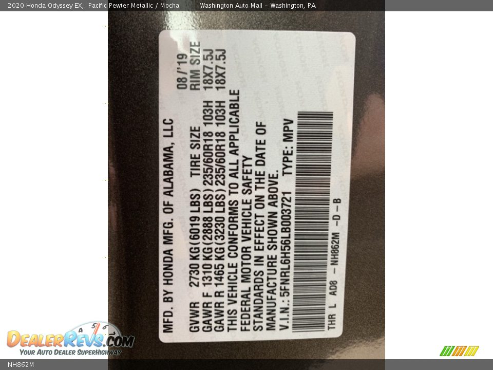 Honda Color Code NH862M Pacific Pewter Metallic