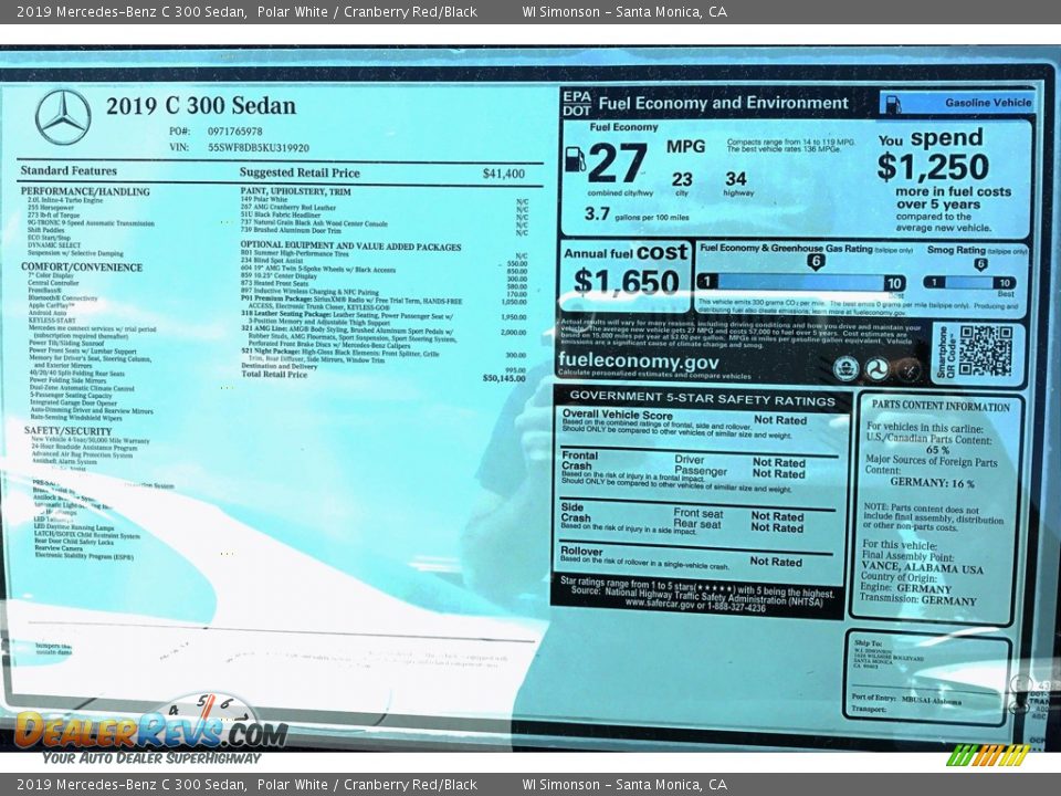 2019 Mercedes-Benz C 300 Sedan Polar White / Cranberry Red/Black Photo #10