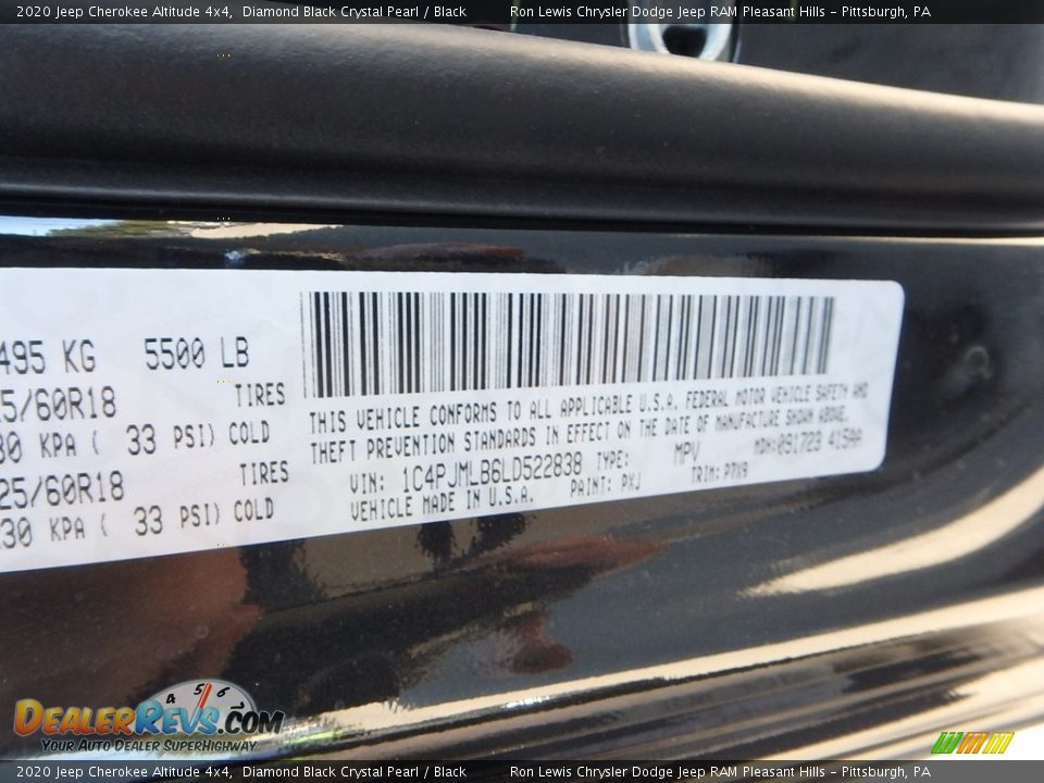 2020 Jeep Cherokee Altitude 4x4 Diamond Black Crystal Pearl / Black Photo #15