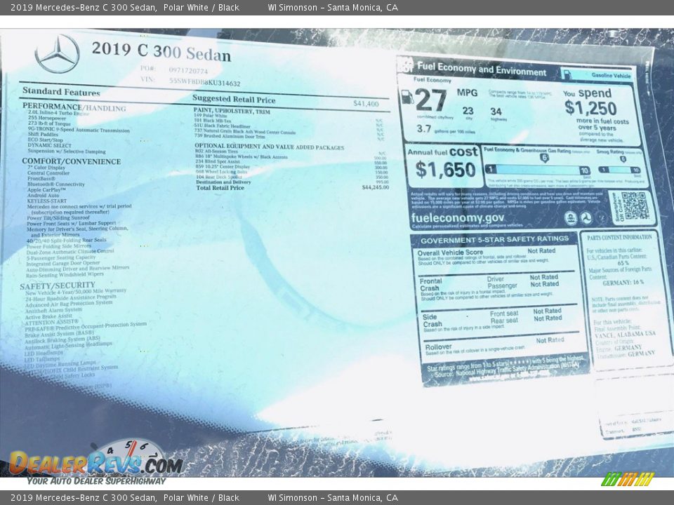 2019 Mercedes-Benz C 300 Sedan Polar White / Black Photo #11