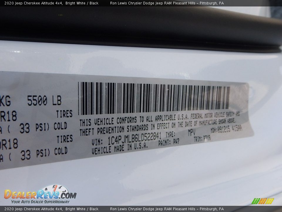 2020 Jeep Cherokee Altitude 4x4 Bright White / Black Photo #15