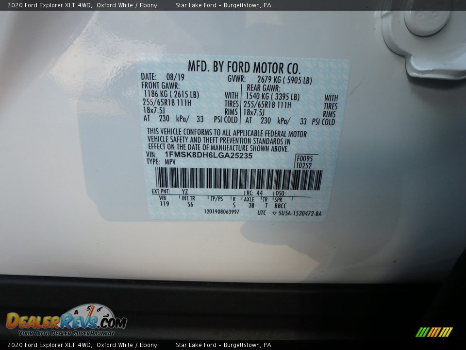 2020 Ford Explorer XLT 4WD Oxford White / Ebony Photo #11