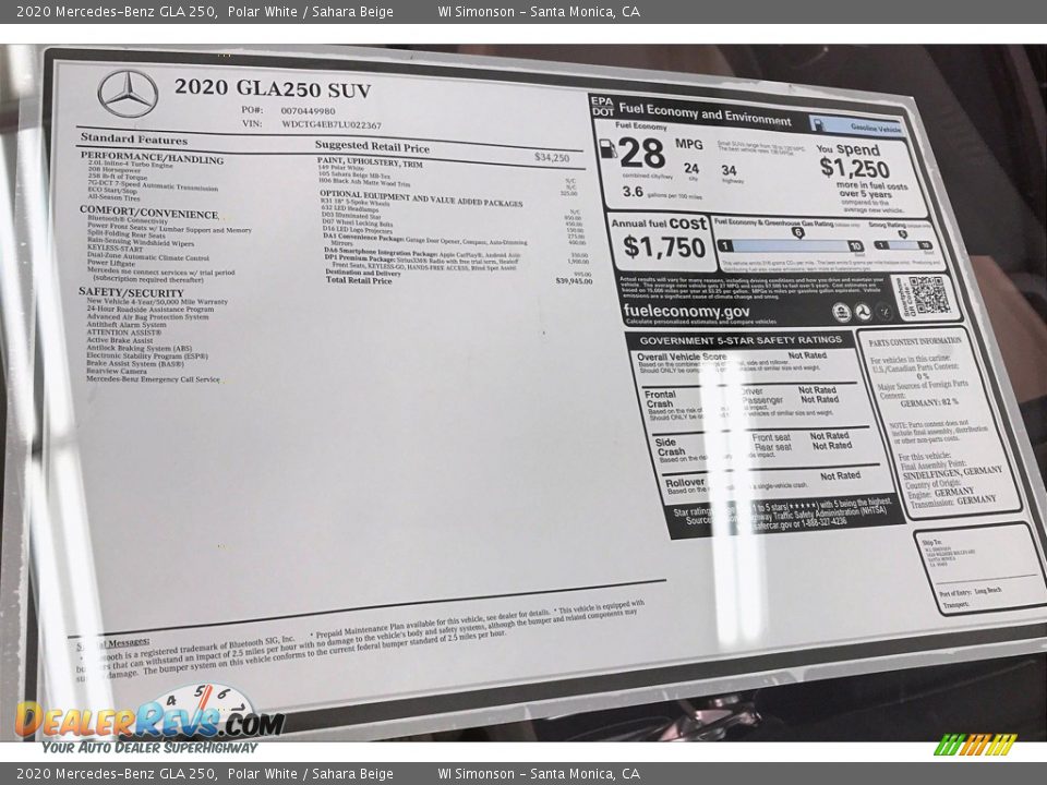 2020 Mercedes-Benz GLA 250 Window Sticker Photo #10