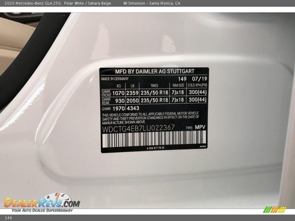 Mercedes-Benz Color Code 149 Polar White