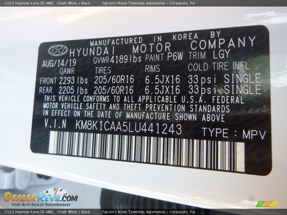 2020 Hyundai Kona SE AWD Chalk White / Black Photo #12