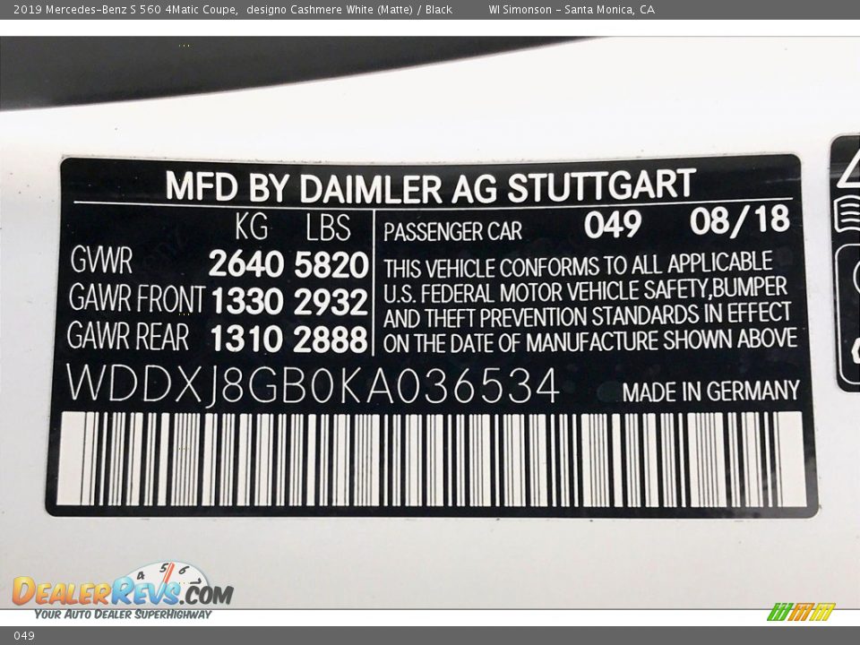 Mercedes-Benz Color Code 049 designo Cashmere White (Matte)