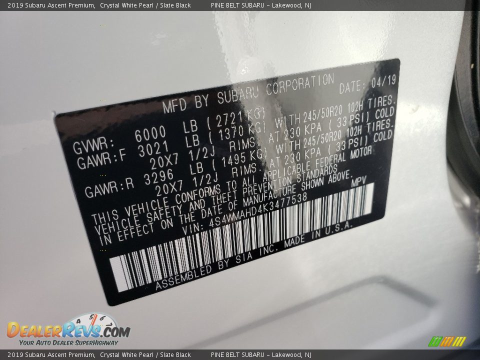 2019 Subaru Ascent Premium Crystal White Pearl / Slate Black Photo #30