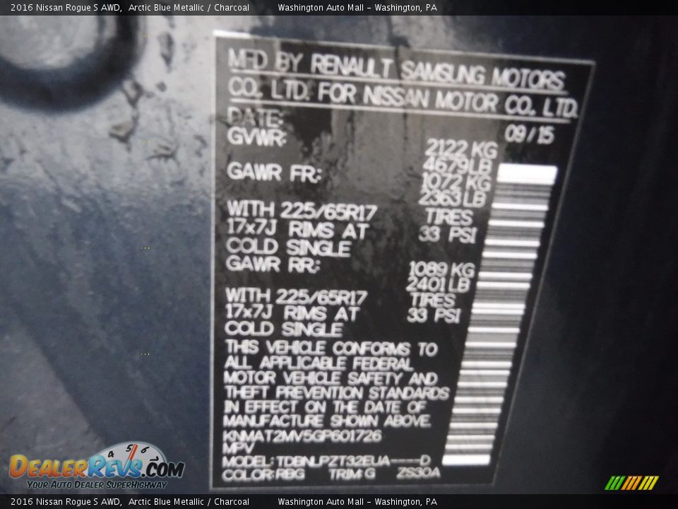 2016 Nissan Rogue S AWD Arctic Blue Metallic / Charcoal Photo #23