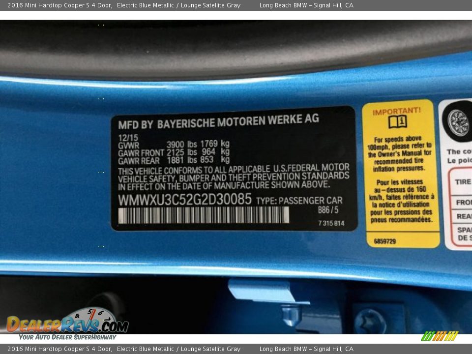 2016 Mini Hardtop Cooper S 4 Door Electric Blue Metallic / Lounge Satellite Gray Photo #19