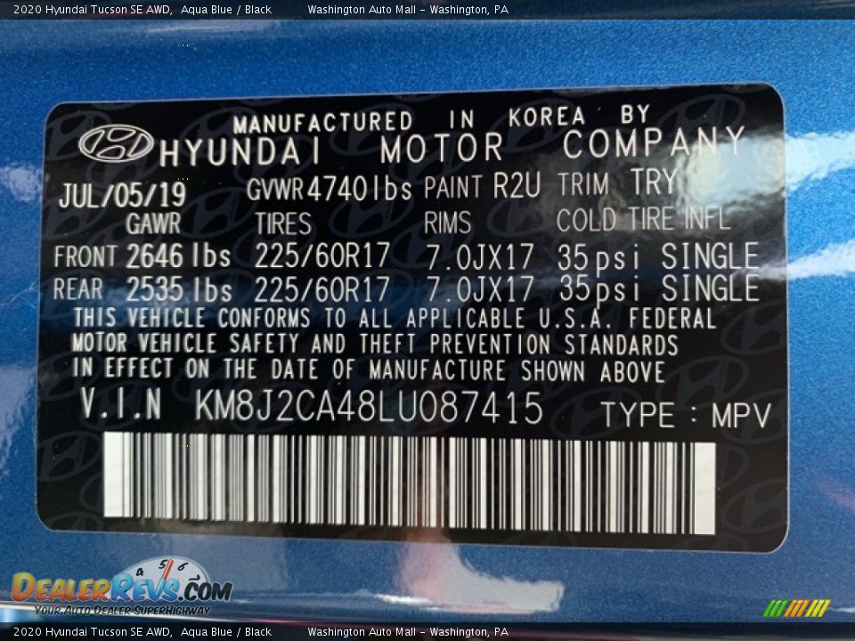 2020 Hyundai Tucson SE AWD Aqua Blue / Black Photo #10