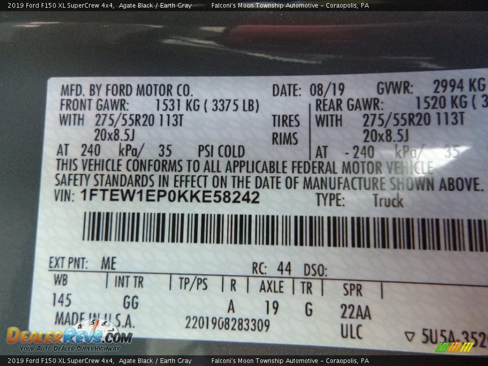 2019 Ford F150 XL SuperCrew 4x4 Agate Black / Earth Gray Photo #13