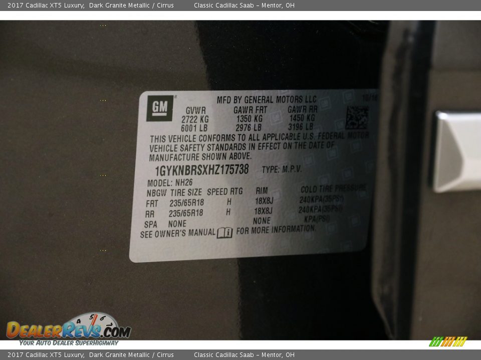 2017 Cadillac XT5 Luxury Dark Granite Metallic / Cirrus Photo #24