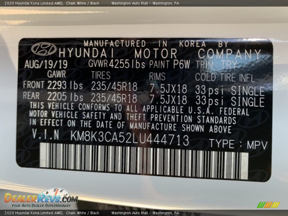 2020 Hyundai Kona Limited AWD Chalk White / Black Photo #10