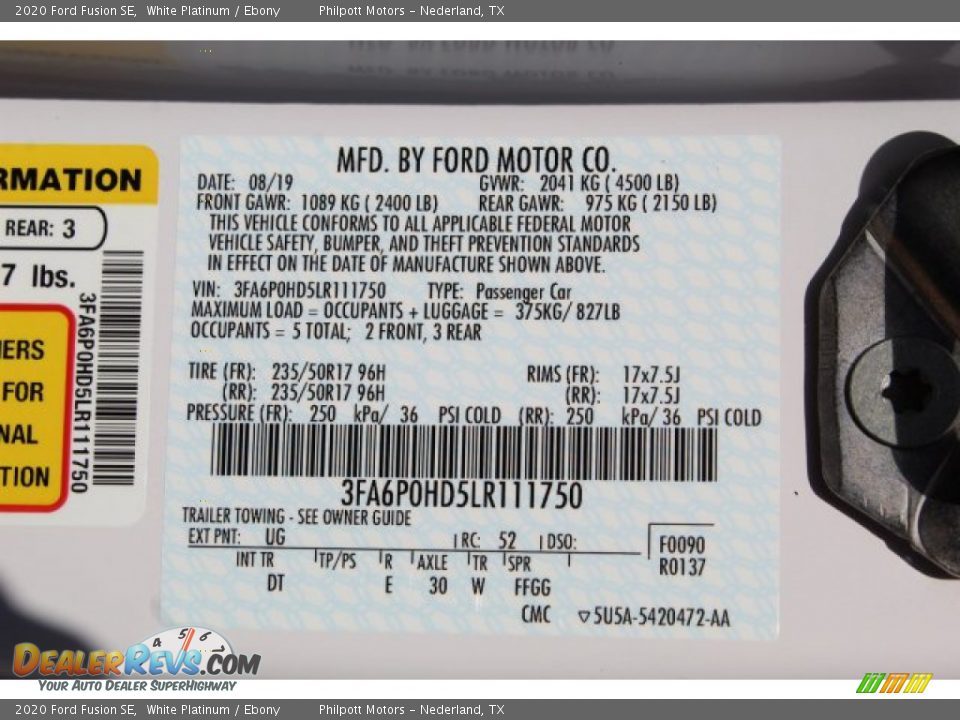 2020 Ford Fusion SE White Platinum / Ebony Photo #26