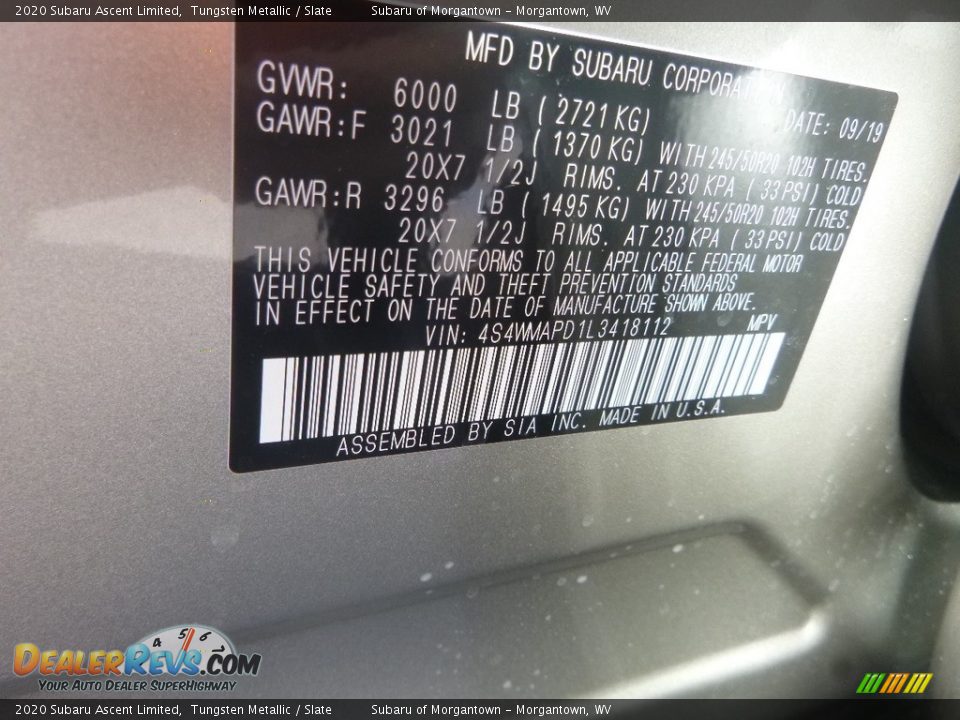 2020 Subaru Ascent Limited Tungsten Metallic / Slate Photo #17