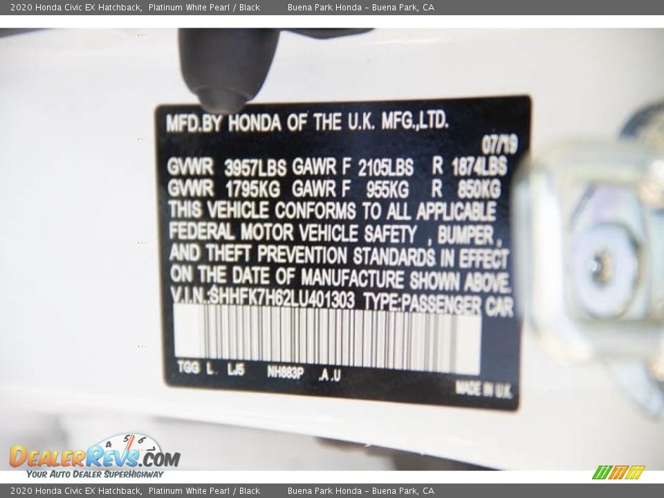 2020 Honda Civic EX Hatchback Platinum White Pearl / Black Photo #28