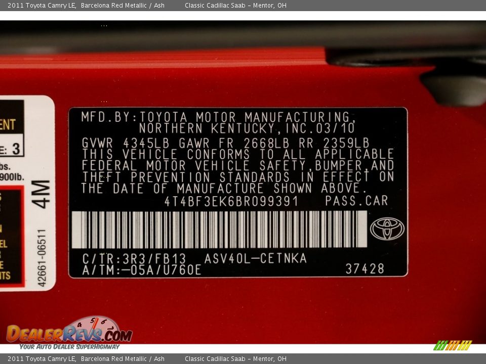 2011 Toyota Camry LE Barcelona Red Metallic / Ash Photo #19