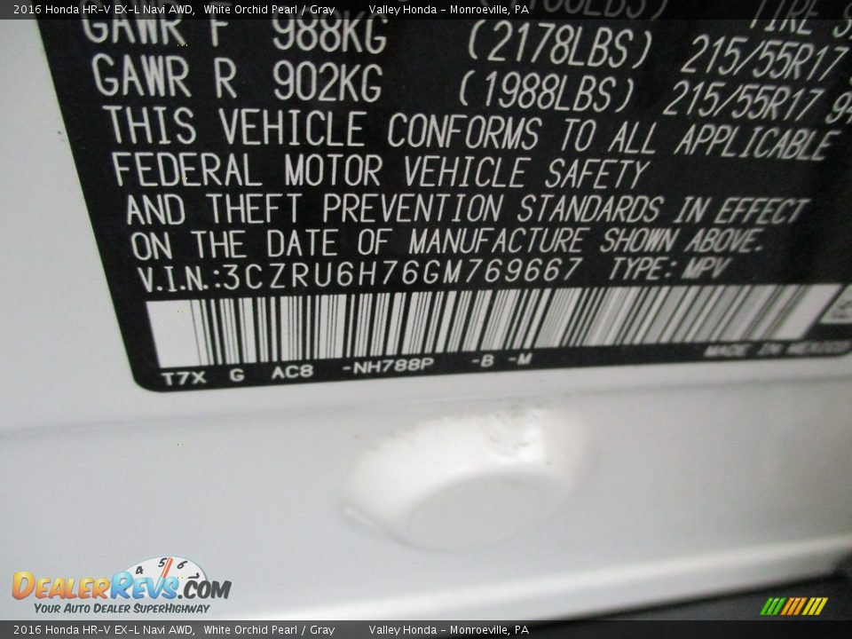 2016 Honda HR-V EX-L Navi AWD White Orchid Pearl / Gray Photo #19