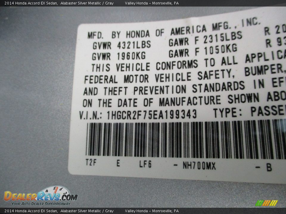2014 Honda Accord EX Sedan Alabaster Silver Metallic / Gray Photo #19