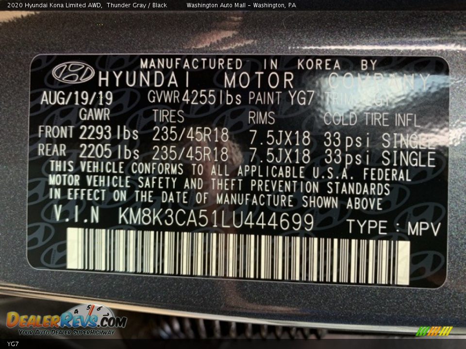 Hyundai Color Code YG7 Thunder Gray