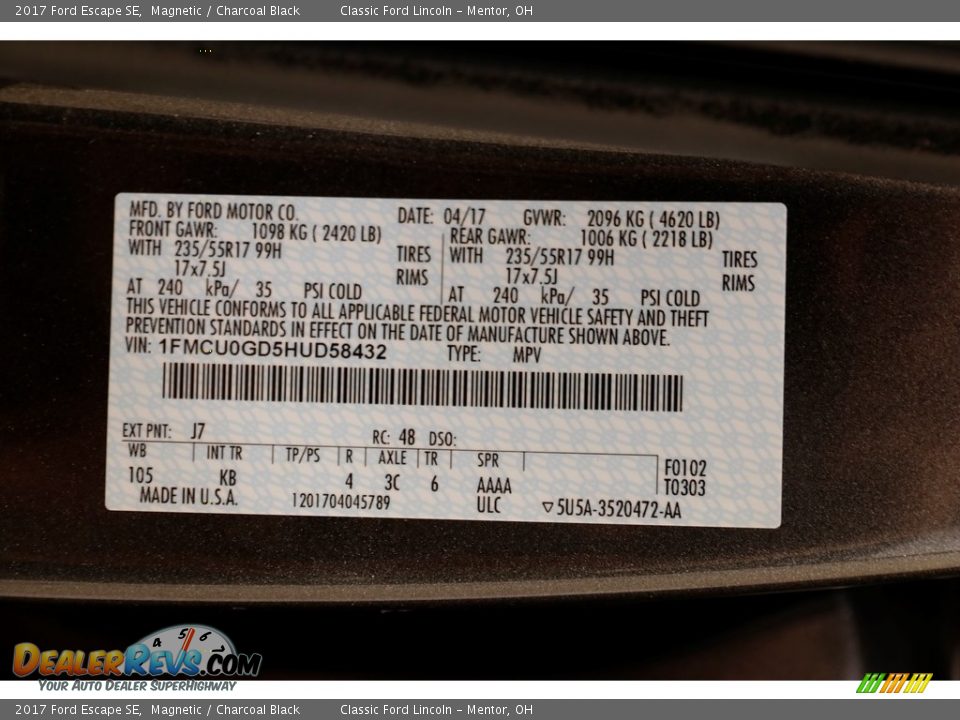 2017 Ford Escape SE Magnetic / Charcoal Black Photo #20