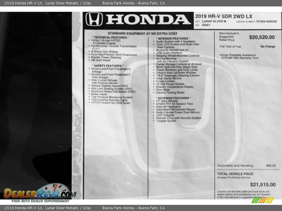 2019 Honda HR-V LX Lunar Silver Metallic / Gray Photo #35