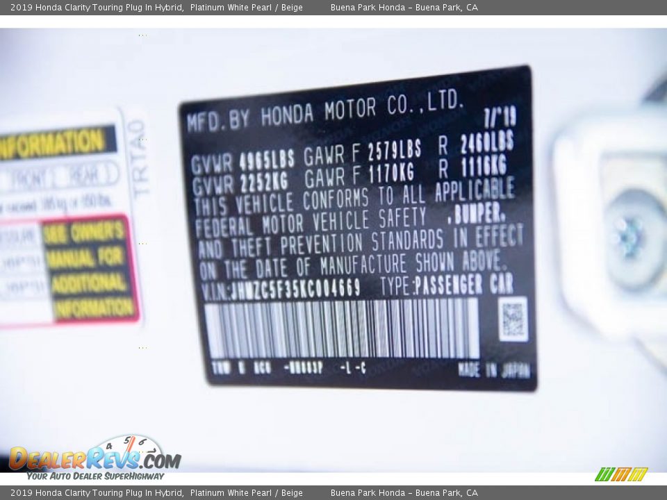 2019 Honda Clarity Touring Plug In Hybrid Platinum White Pearl / Beige Photo #32