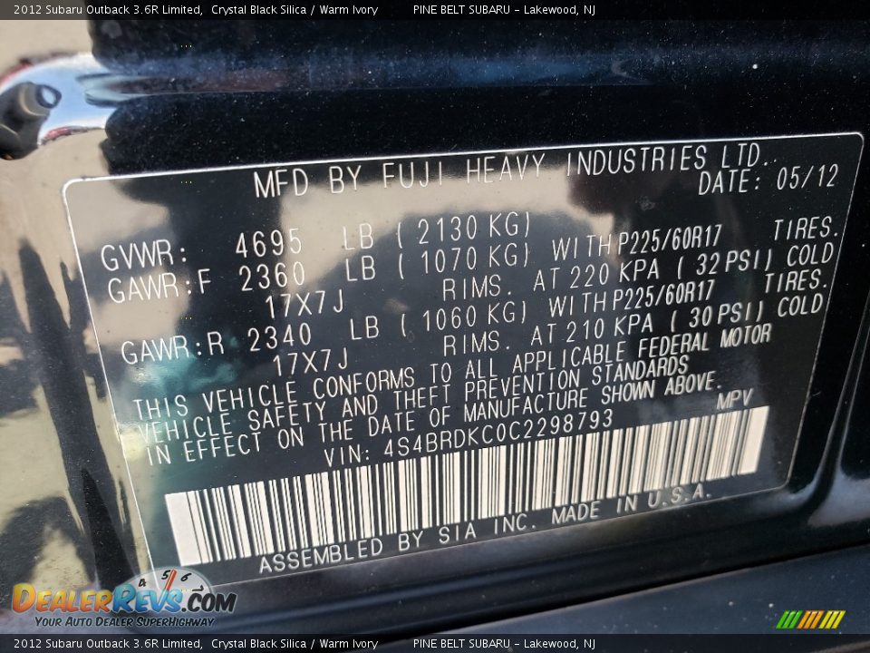 2012 Subaru Outback 3.6R Limited Crystal Black Silica / Warm Ivory Photo #31