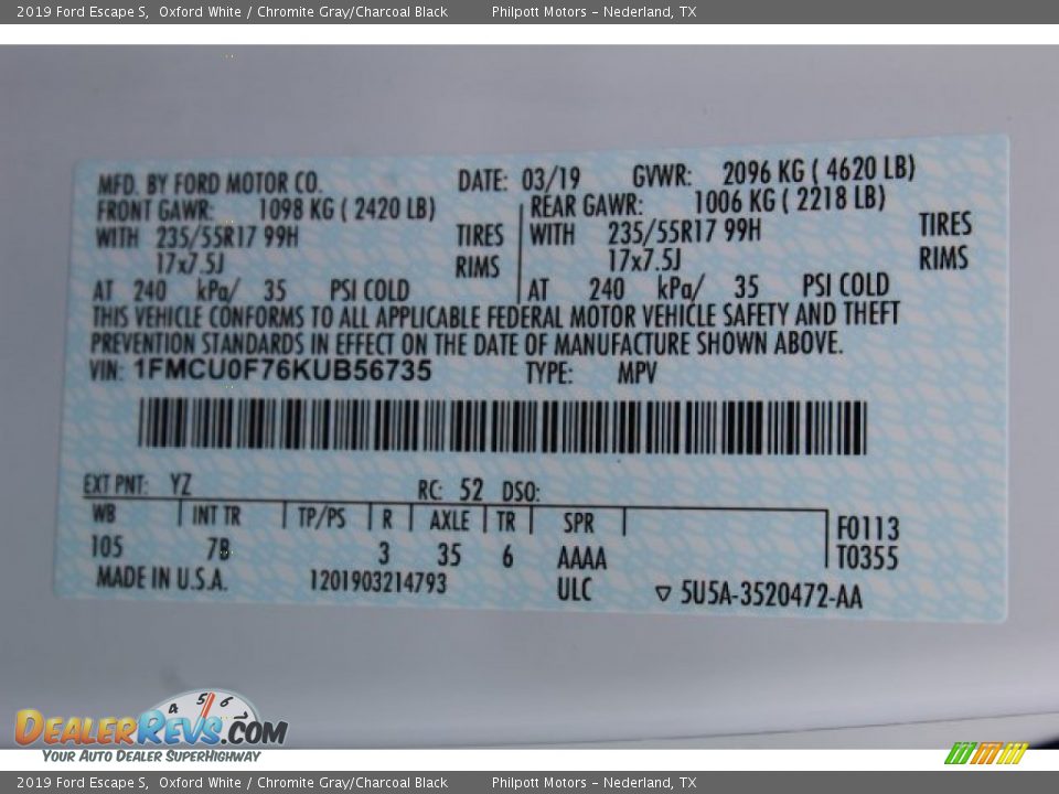 2019 Ford Escape S Oxford White / Chromite Gray/Charcoal Black Photo #23