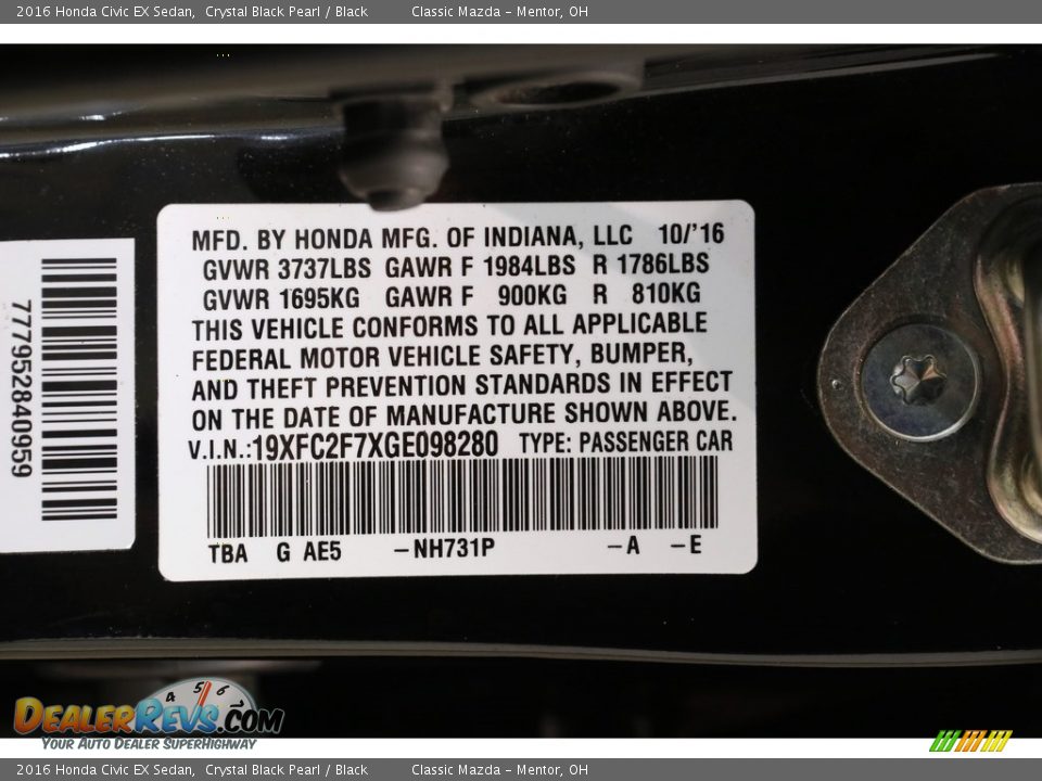 2016 Honda Civic EX Sedan Crystal Black Pearl / Black Photo #20