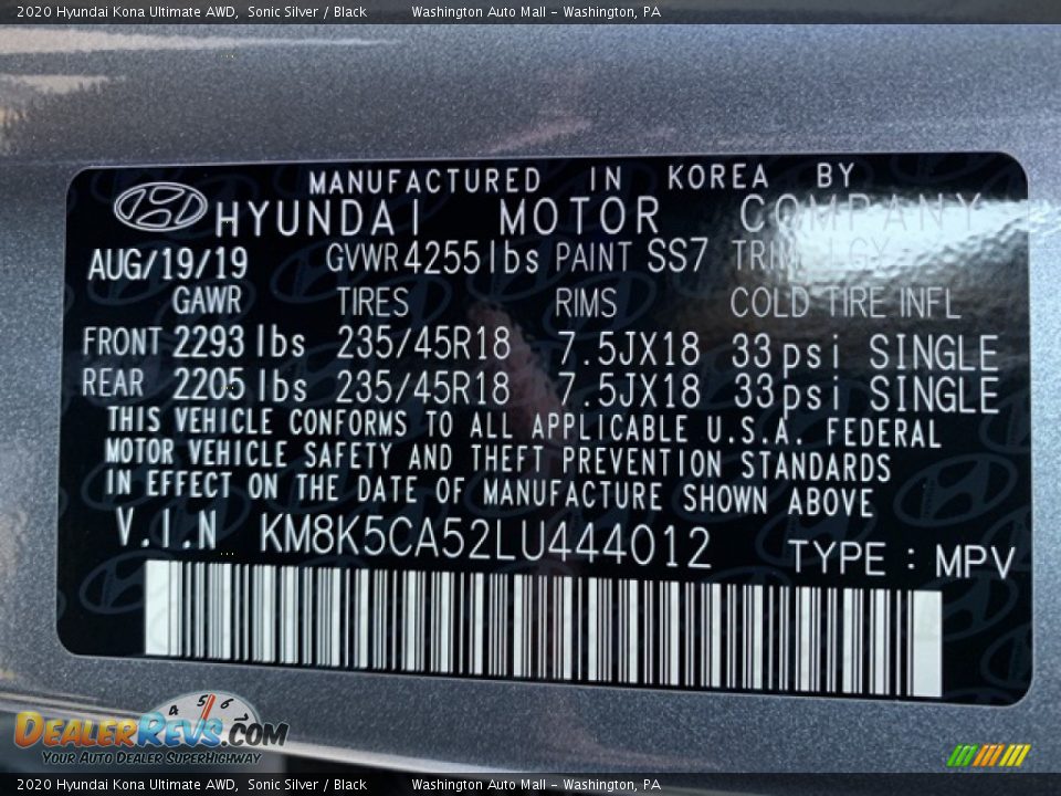 2020 Hyundai Kona Ultimate AWD Sonic Silver / Black Photo #10