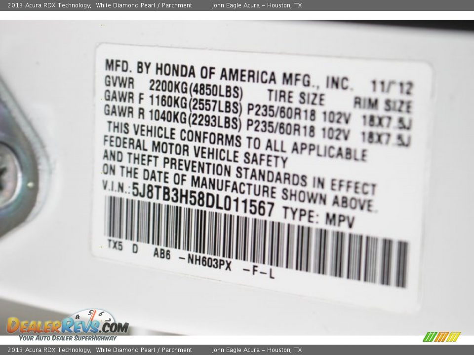 2013 Acura RDX Technology White Diamond Pearl / Parchment Photo #16