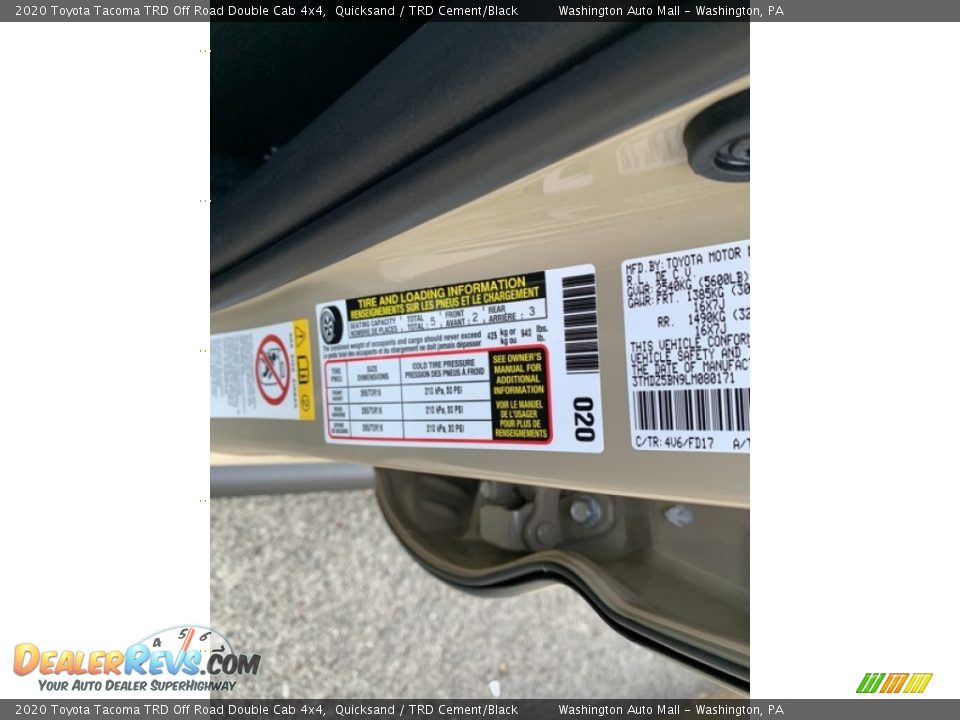 Info Tag of 2020 Toyota Tacoma TRD Off Road Double Cab 4x4 Photo #12