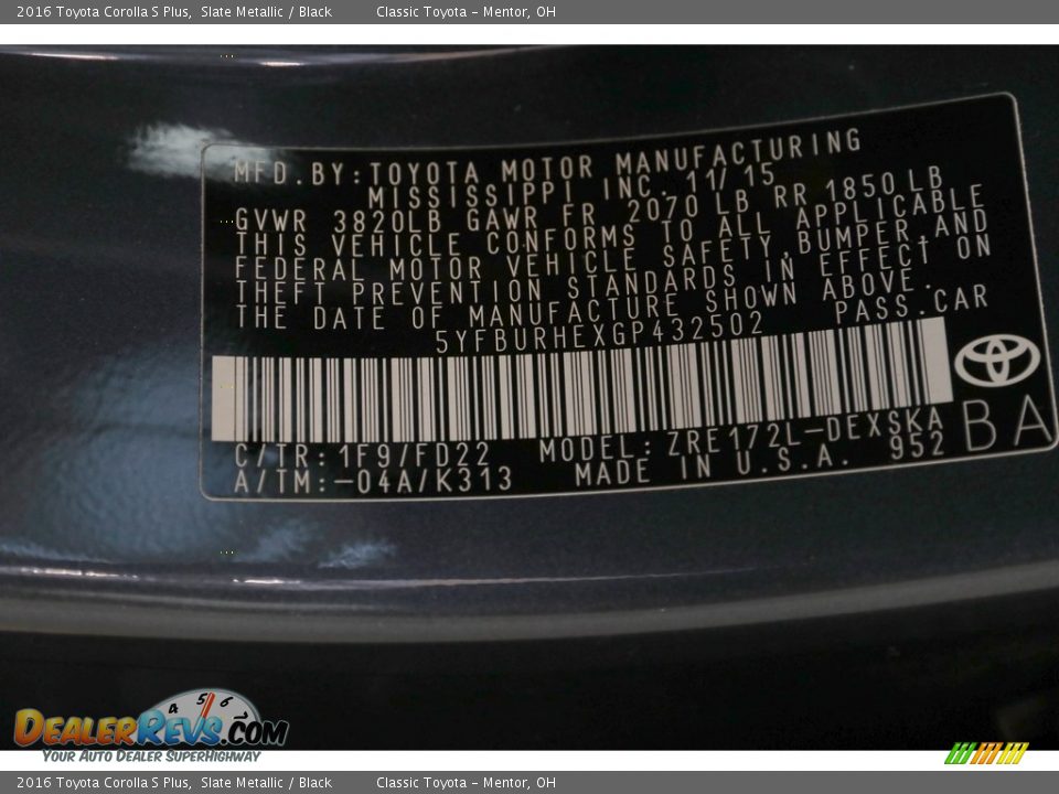 2016 Toyota Corolla S Plus Slate Metallic / Black Photo #19