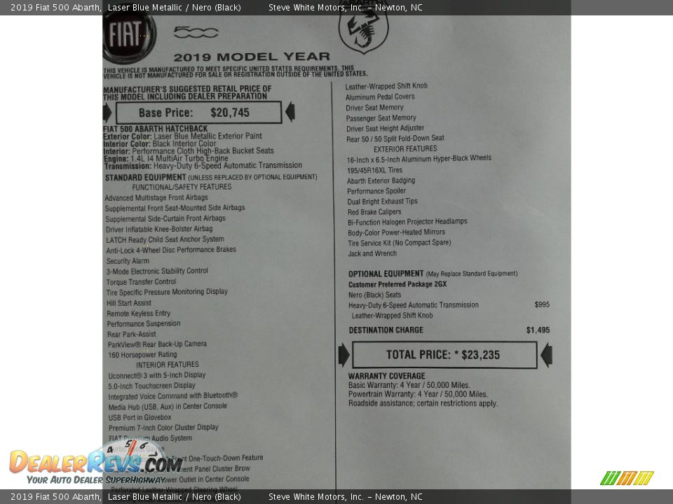 2019 Fiat 500 Abarth Window Sticker Photo #28