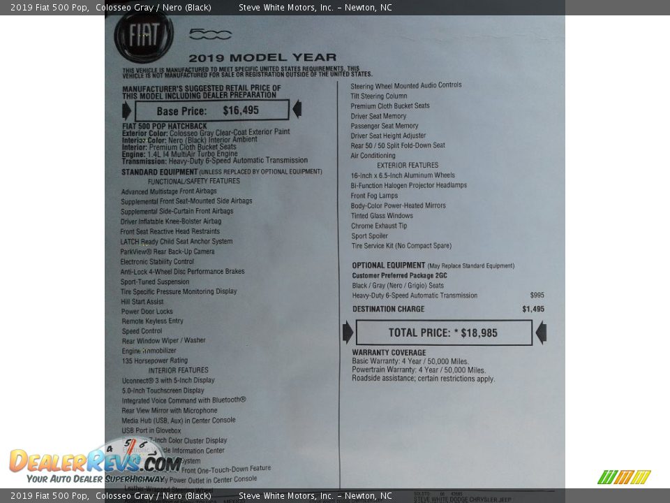 2019 Fiat 500 Pop Window Sticker Photo #28