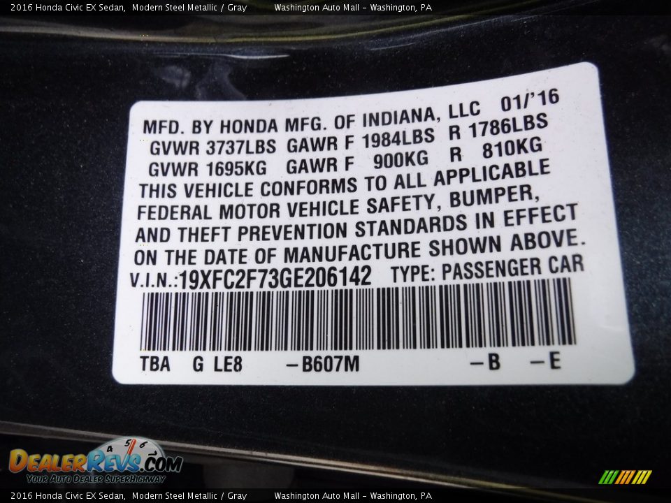 2016 Honda Civic EX Sedan Modern Steel Metallic / Gray Photo #24