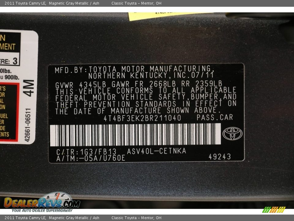 2011 Toyota Camry LE Magnetic Gray Metallic / Ash Photo #20