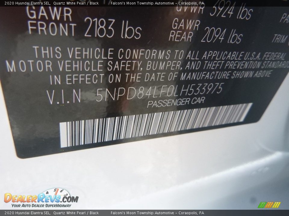 2020 Hyundai Elantra SEL Quartz White Pearl / Black Photo #12