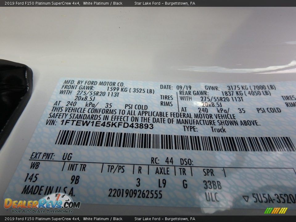 2019 Ford F150 Platinum SuperCrew 4x4 White Platinum / Black Photo #9