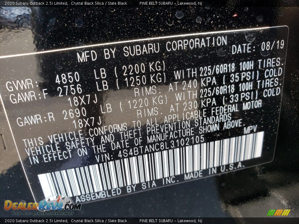 2020 Subaru Outback 2.5i Limited Crystal Black Silica / Slate Black Photo #9