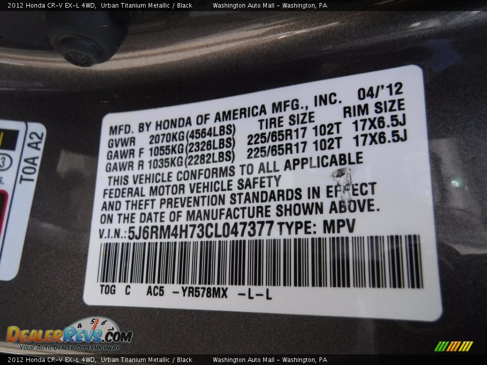 2012 Honda CR-V EX-L 4WD Urban Titanium Metallic / Black Photo #27