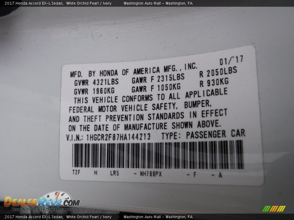 2017 Honda Accord EX-L Sedan White Orchid Pearl / Ivory Photo #26